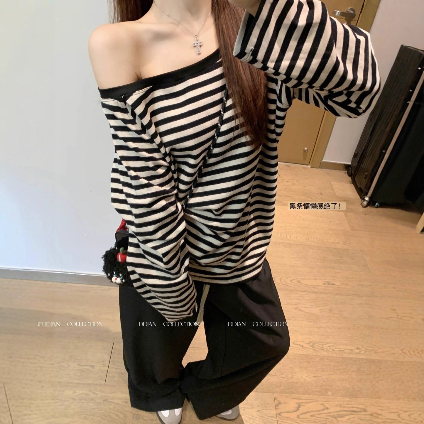 Damen Oversized Off-Shoulder Langarmshirt Streifenmuster