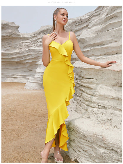 Damen Maxikleid Rüschen Hochschlitz