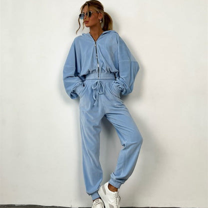 Damen Velours Jogginganzug mit Kapuze und Kordelzug