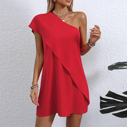 Damen Cocktailkleid Asymmetrisch Schulterfrei Fließend