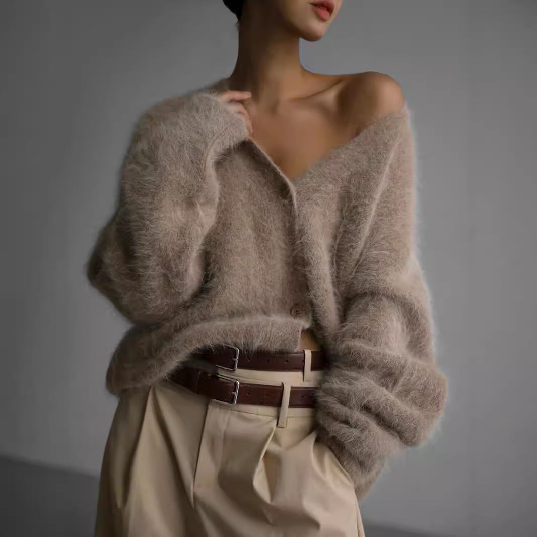 Damen Strickjacke Voluminöse Ärmel Elegante Knöpfe Beige