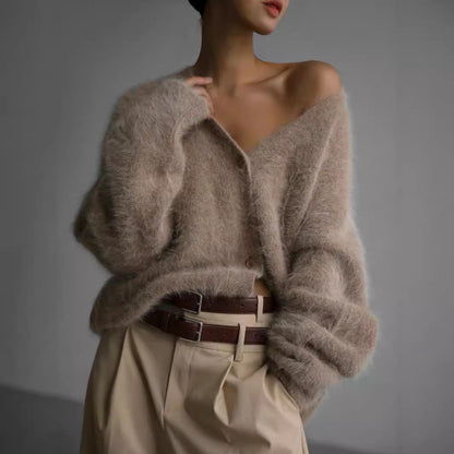 Damen Strickjacke Voluminöse Ärmel Elegante Knöpfe Beige