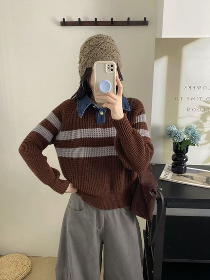 Damen Strickpullover Kragen Gestreift Norvielle