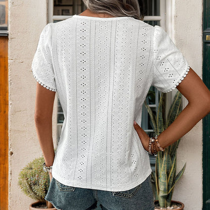 Damen Blusenshirt Luftiges Lochmuster Weiß