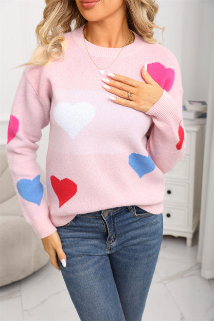 Damen Pullover Kuschelig Herz-Motive Strukturiert Rosa