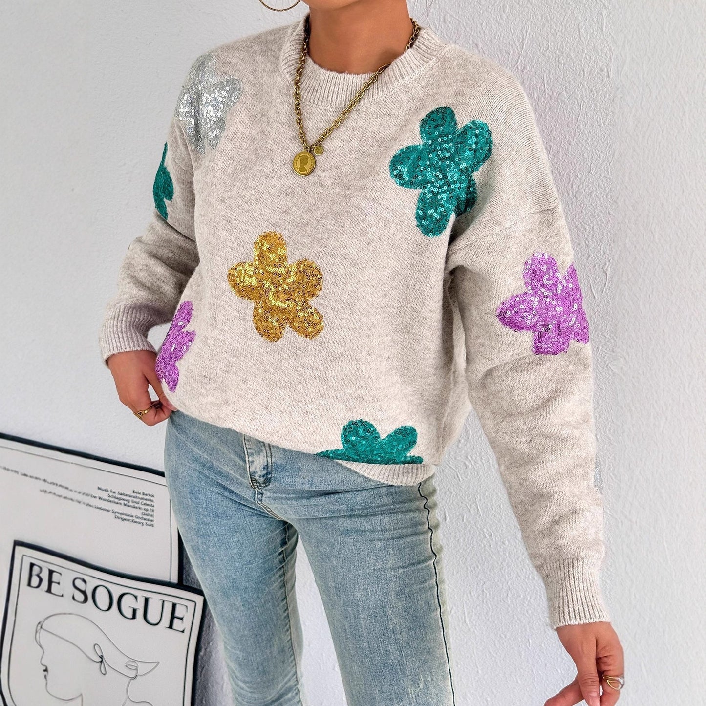 Damen Oversized Pullover Glitzer Floralmuster Norvielle