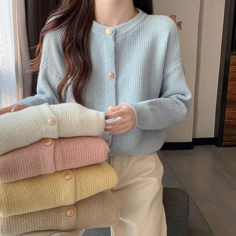 Damen Strickjacke Kuschelig Strukturmuster Knöpfe Beige - Norvielle