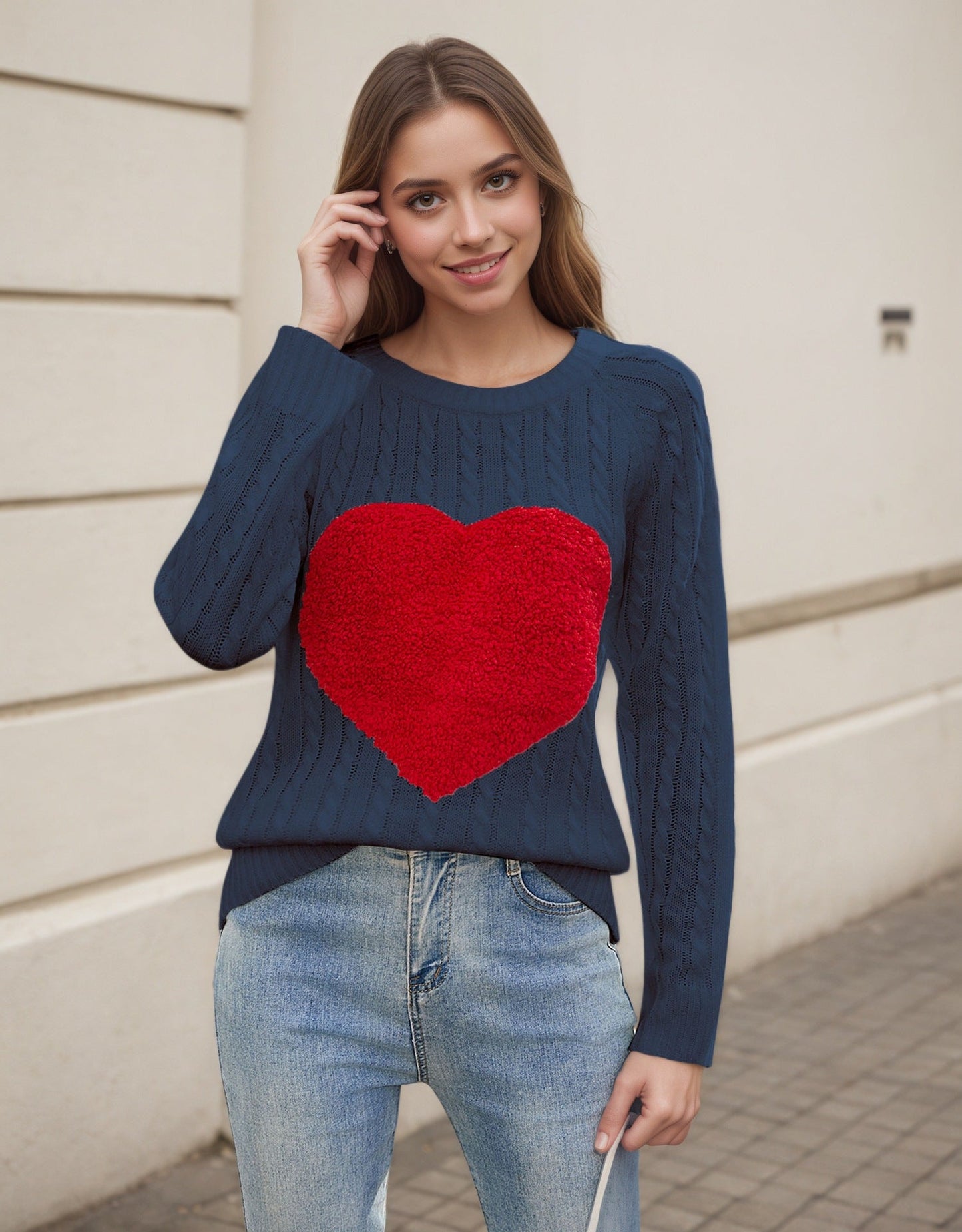 Damen Strickpullover Herz-Applikation Luftige Maschenstruktur