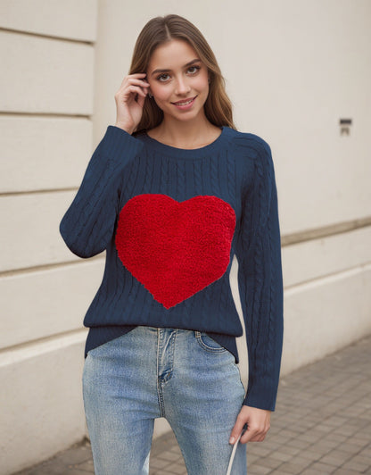 Damen Strickpullover Herz-Applikation Luftige Maschenstruktur