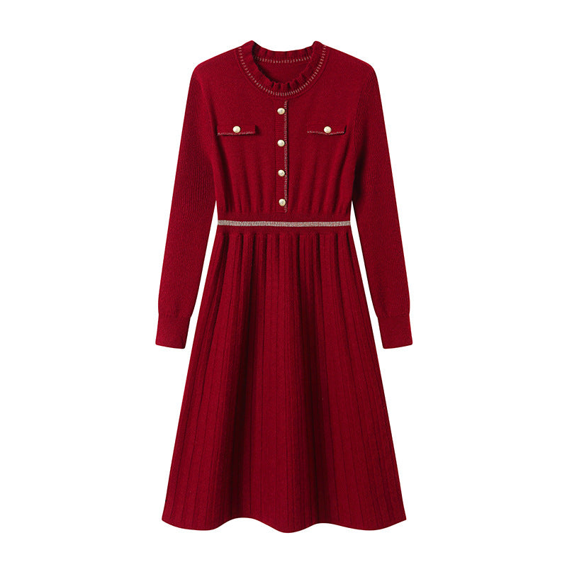 Damen Strickkleid Hochgeschlossener Kragen Eleganter Rücken