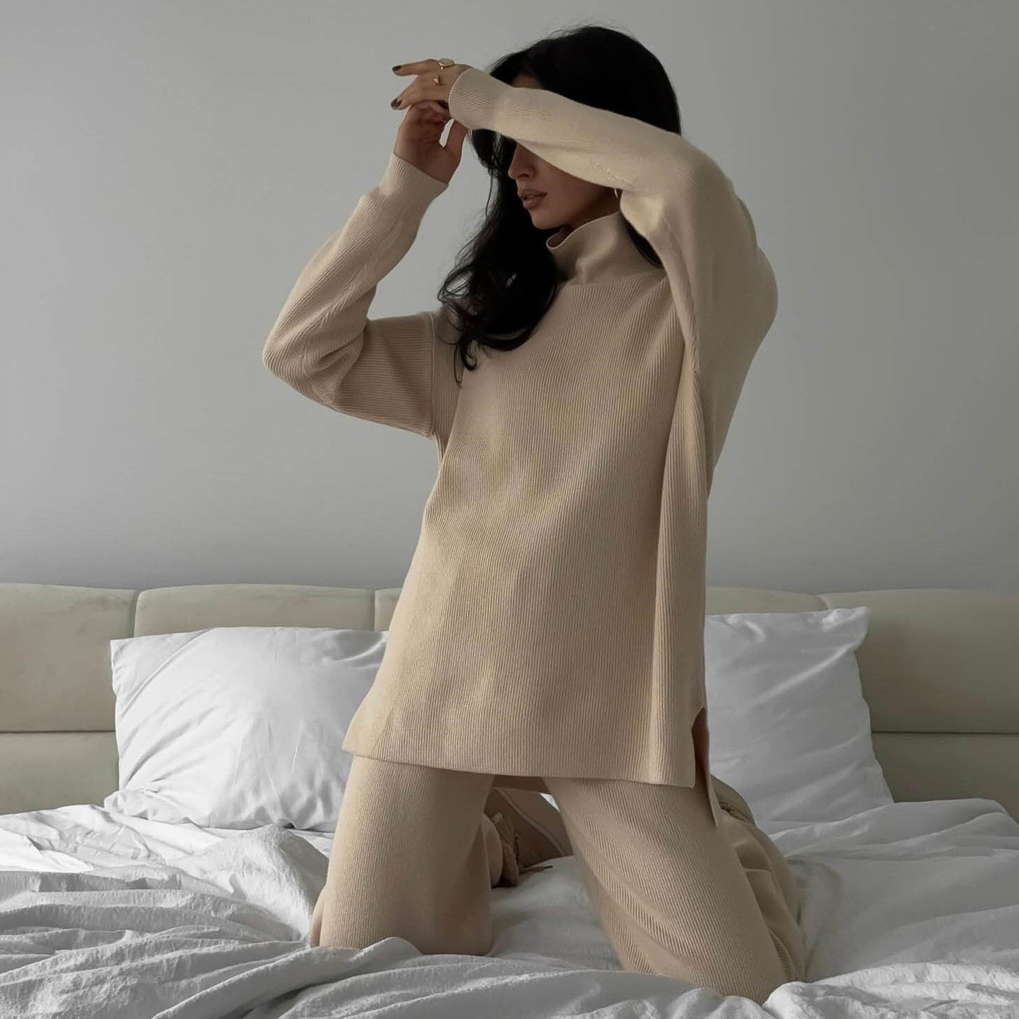 Damen Loungewear-Set Hochkragen Seitenschlitze Norvielle