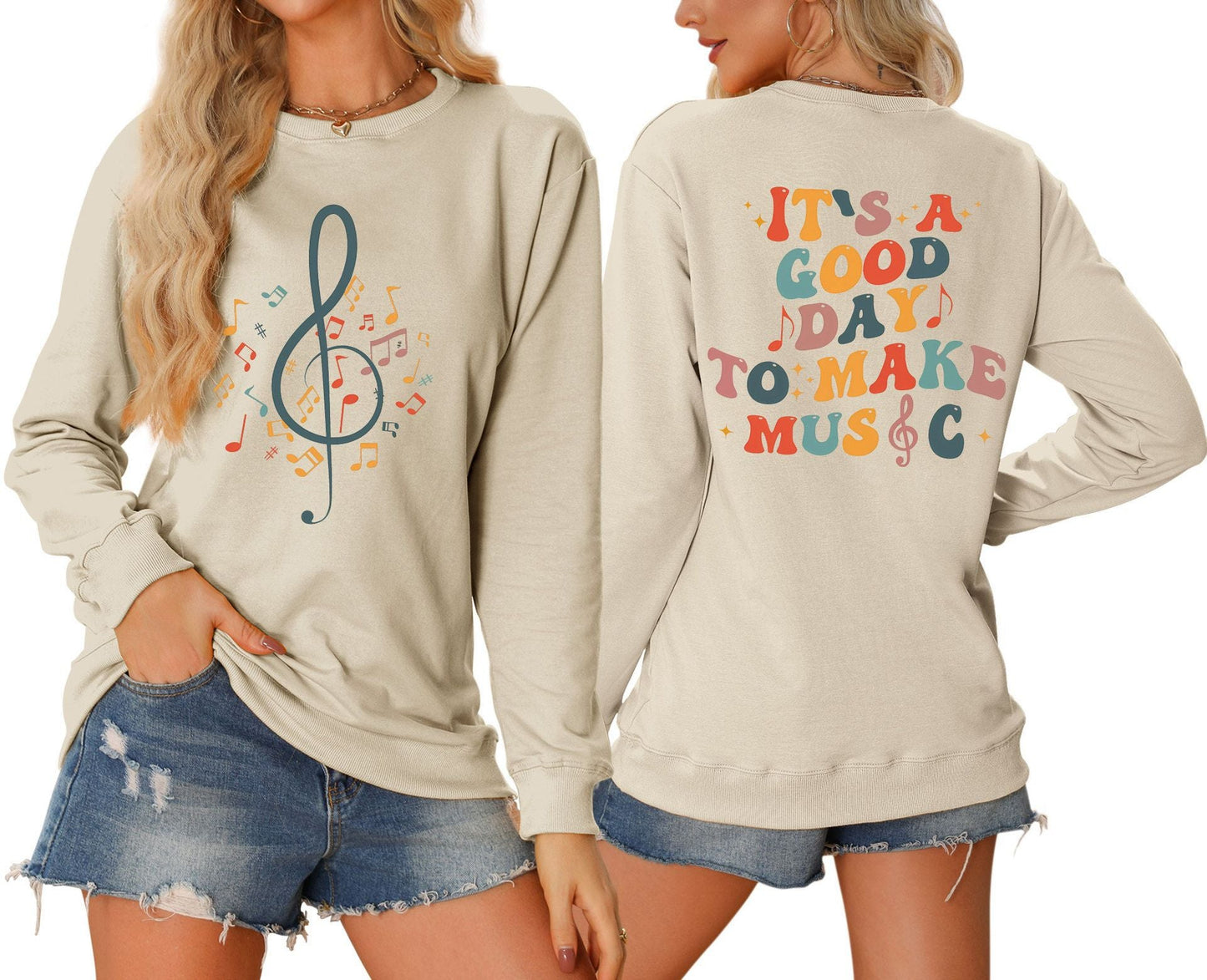 Damen Sweatshirt Musik Motiv Weiß