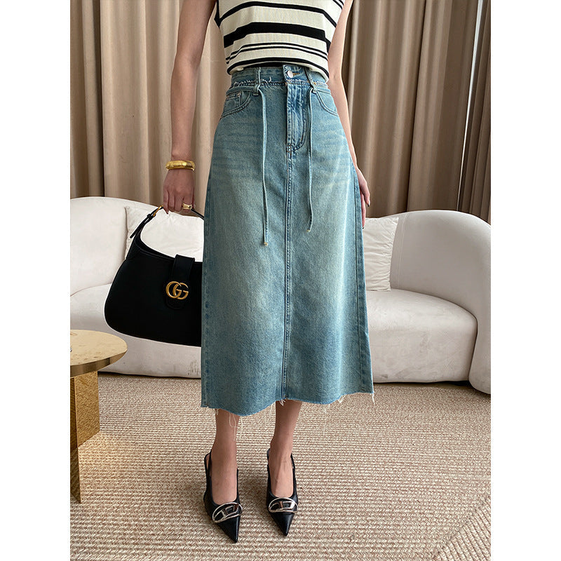 Damen Jeansrock Midi mit verstellbarer Taille und seitlichen Taschen - Norvielle