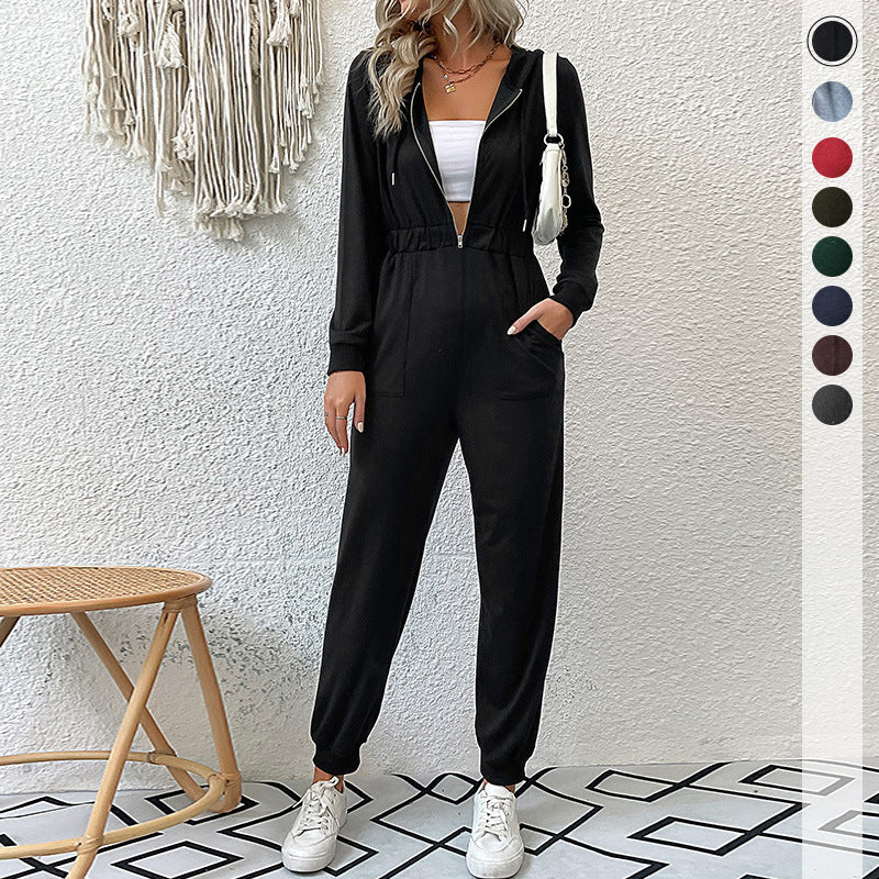 Damen Kapuzen-Overall Hochwertiger Reißverschluss Elastisch Schwarz - Norvielle