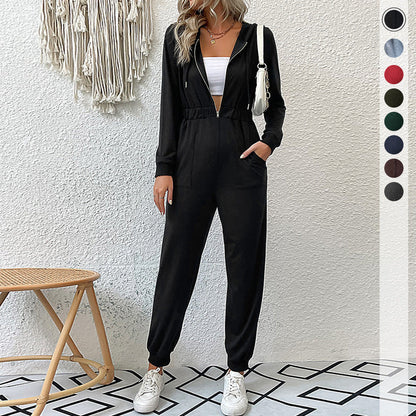Damen Kapuzen-Overall Hochwertiger Reißverschluss Elastisch Schwarz - Norvielle