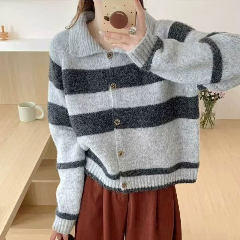 Damen Strickjacke Breitgestreift Femininer Kragen