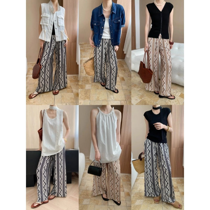 Damen Palazzo Hose Elastischer Bund Geometrisches Muster Beige