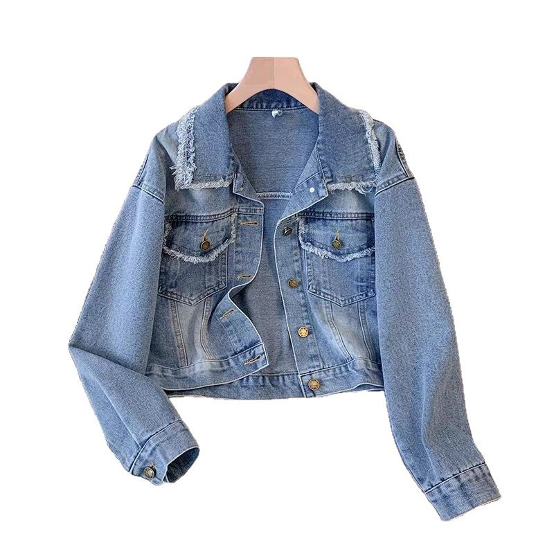 Damen Cropped Denimjacke Fransen Knöpfe