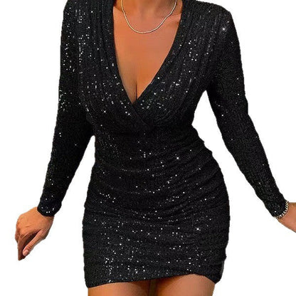 Damen Minikleid Glitzernd V-Ausschnitt Figurbetont Norvielle
