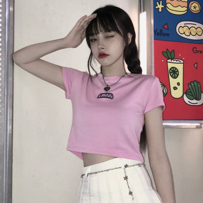 Damen T-Shirt Cropped Logo-Design Figurbetont Weiß