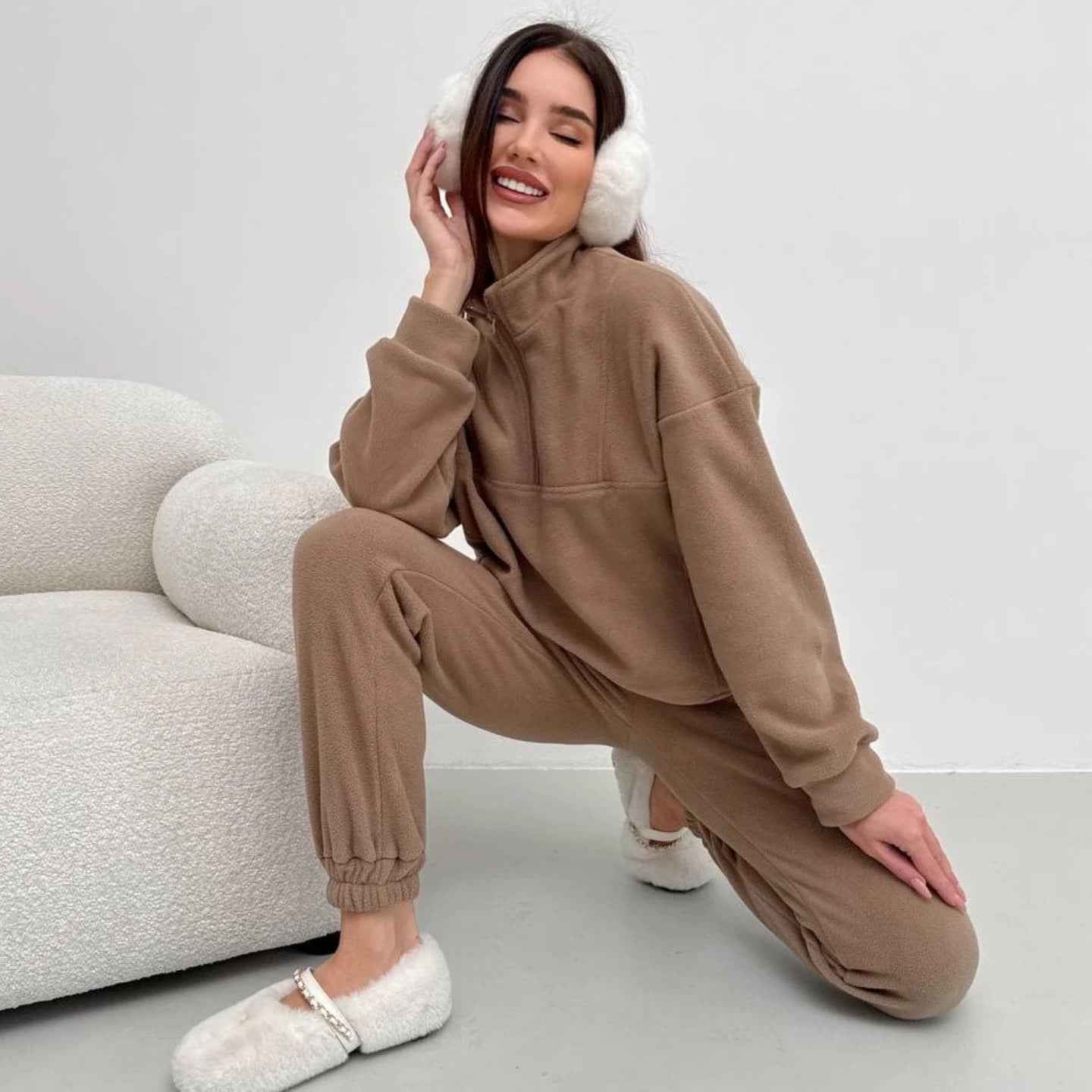 Norvielle Damen Fleece-Loungewear-Set mit Reißverschluss und