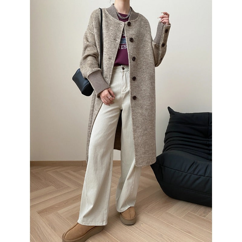 Damen Strickmantel Lang Knöpfe Elegantes Design Beige