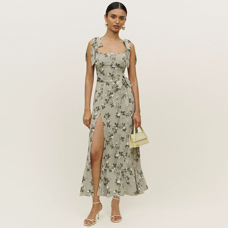 Damen Maxikleid Rüschendetails Hochschlitz Norvielle