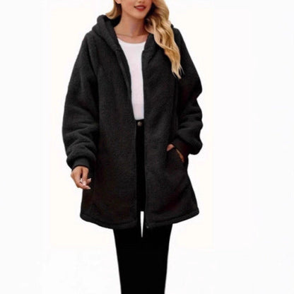 Damen Fleece-Mantel mit Taschen und Kapuze