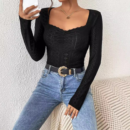 Damen Langarm Bodysuit Quadratischer Ausschnitt Rüschen Norvielle