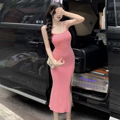 Damen Midi-Kleid Spaghetti-Träger Hochschlitz Norvielle