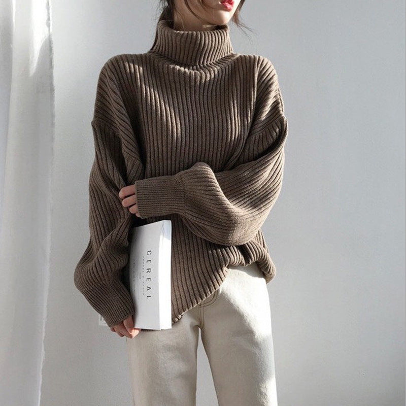 Damen Grobstrickpullover Hoher Kragen Voluminöse Ärmel Norvielle