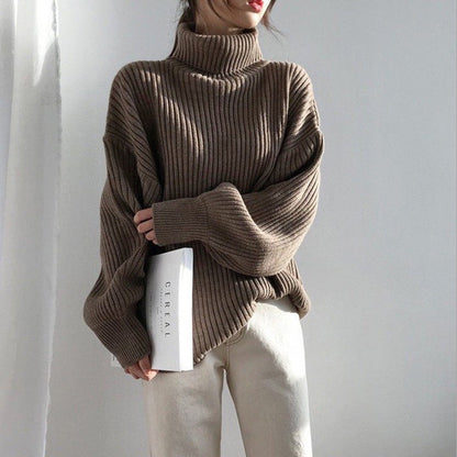 Damen Grobstrickpullover Hoher Kragen Voluminöse Ärmel Norvielle
