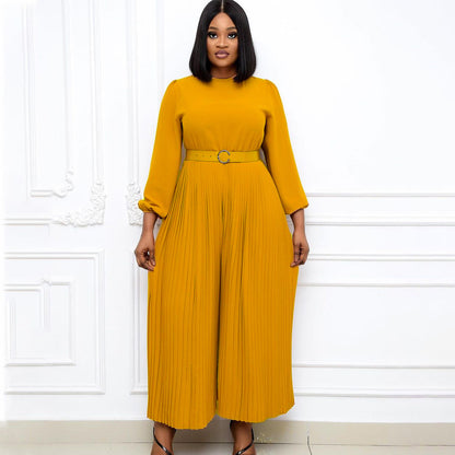 Damen Jumpsuit Plissee mit Gürtel und weiten Ärmeln Norvielle