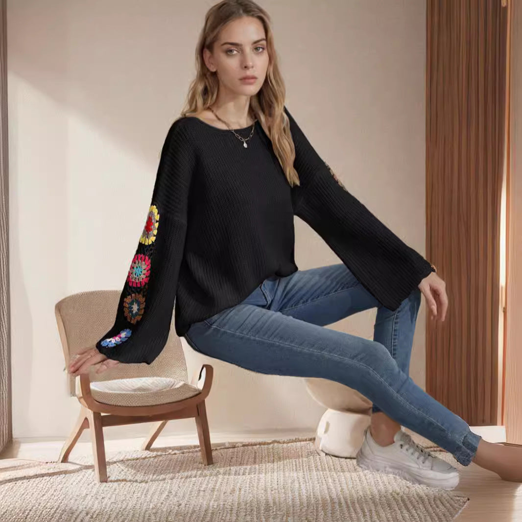 Damen Strickpullover Bunt Häkelmotiv Weit Norvielle - Norvielle