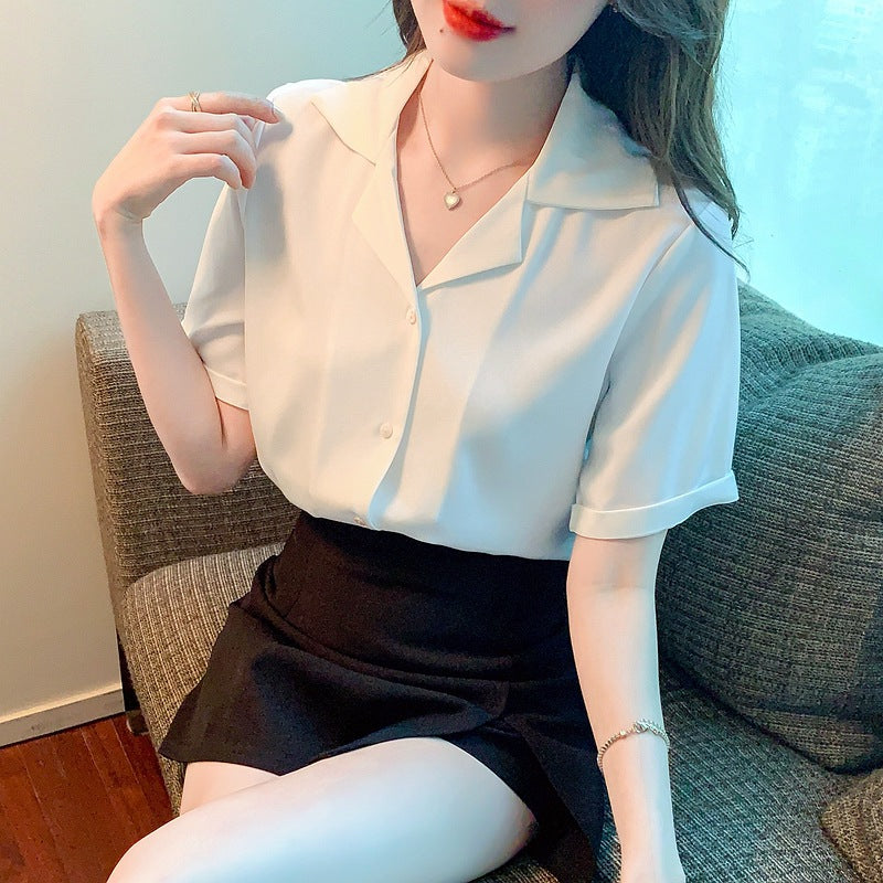 Damen Bluse Kurzarm Klassischer Kragen Elegante Knöpfe Norvielle