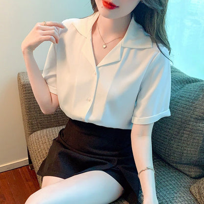 Damen Bluse Kurzarm Klassischer Kragen Elegante Knöpfe Norvielle