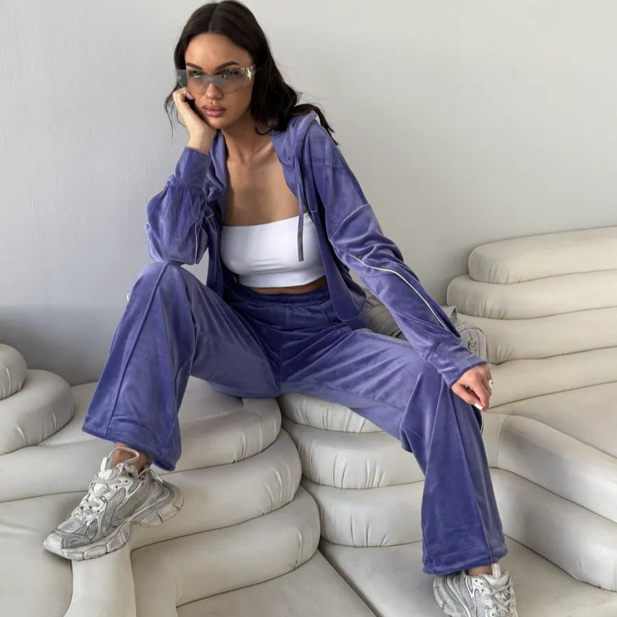 Damen Sportlicher Velour-Anzug mit Kapuze Elastisch