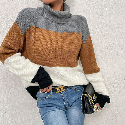 Damen Strickpullover Hochkragen Farbblockdesign
