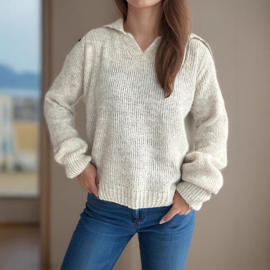 Damen Strickpullover V-Ausschnitt Voluminöse Ärmel Beige - Norvielle