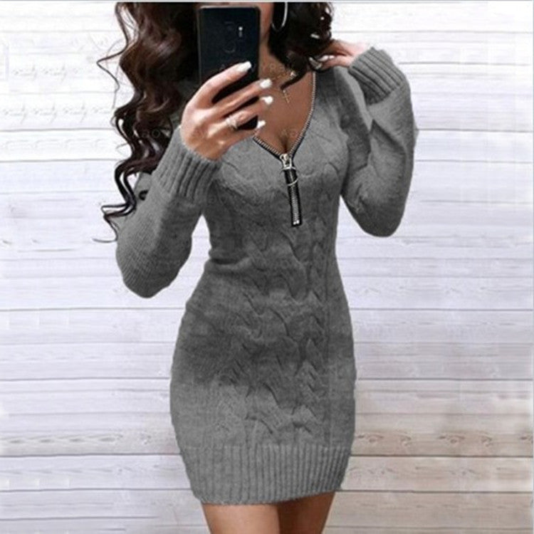 Damen Strickkleid Rippenmuster Mit Reißverschluss