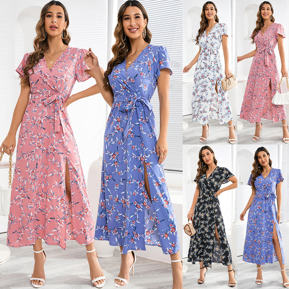 Damen Maxi-Kleid Floralmuster Taillengürtel Norvielle - Norvielle