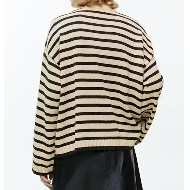 Damen Strickpullover Streifenmuster Knopfdetails Beige