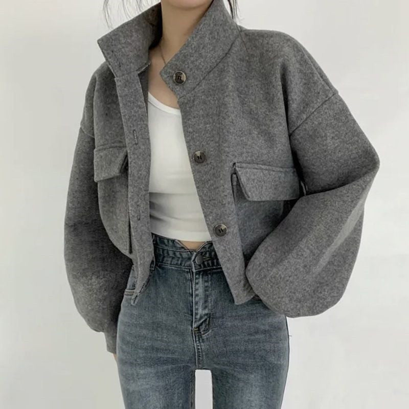 Damen Cropped Bomberjacke Voluminöse Ärmel Praktische Taschen