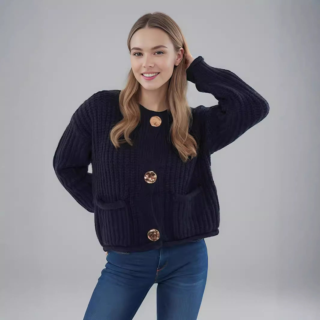 Damen Strickjacke Kuschelig Große Knöpfe Beige