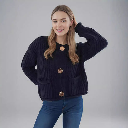 Damen Strickjacke Kuschelig Große Knöpfe Beige