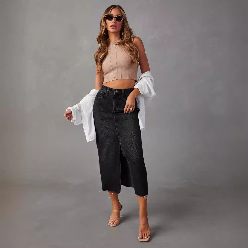 Damen Bleistiftkleid aus Jeans Mit Seitlichem Schlitz