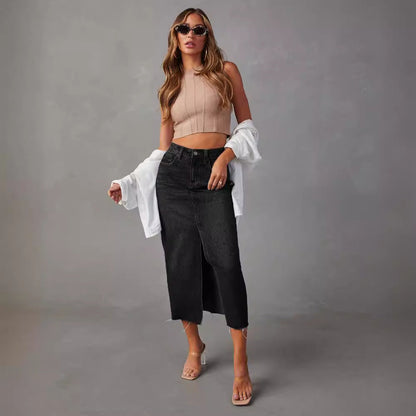 Damen Bleistiftkleid aus Jeans Mit Seitlichem Schlitz