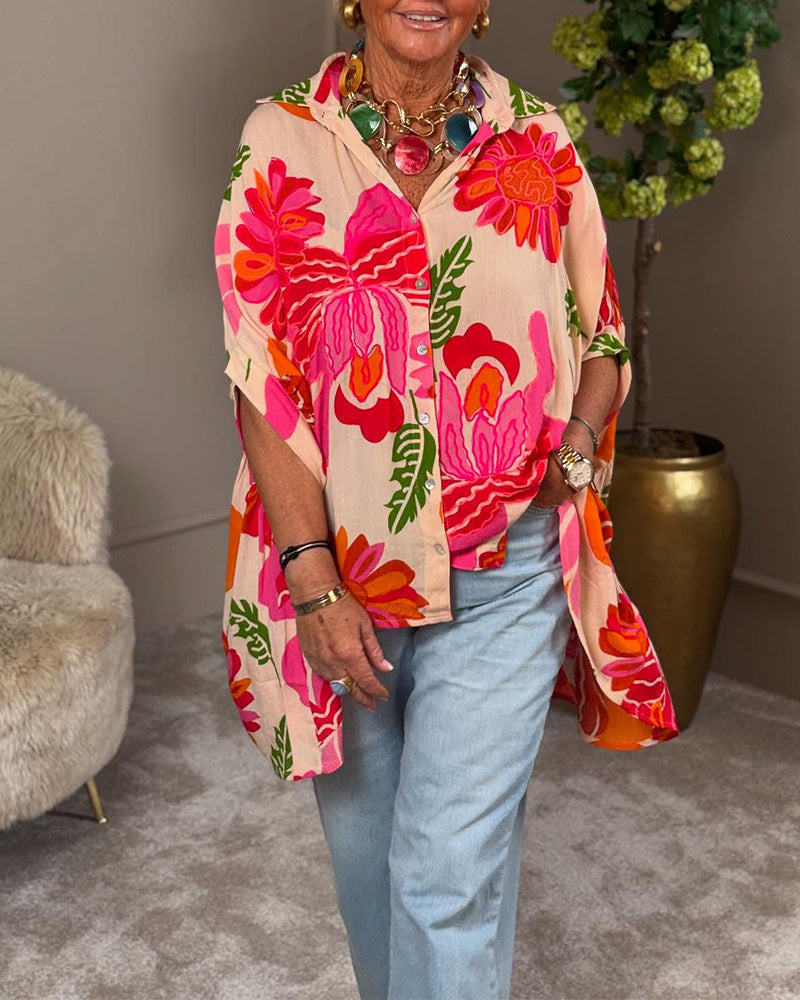 Damen Bluse Kimono-Style bunt Blumenmuster