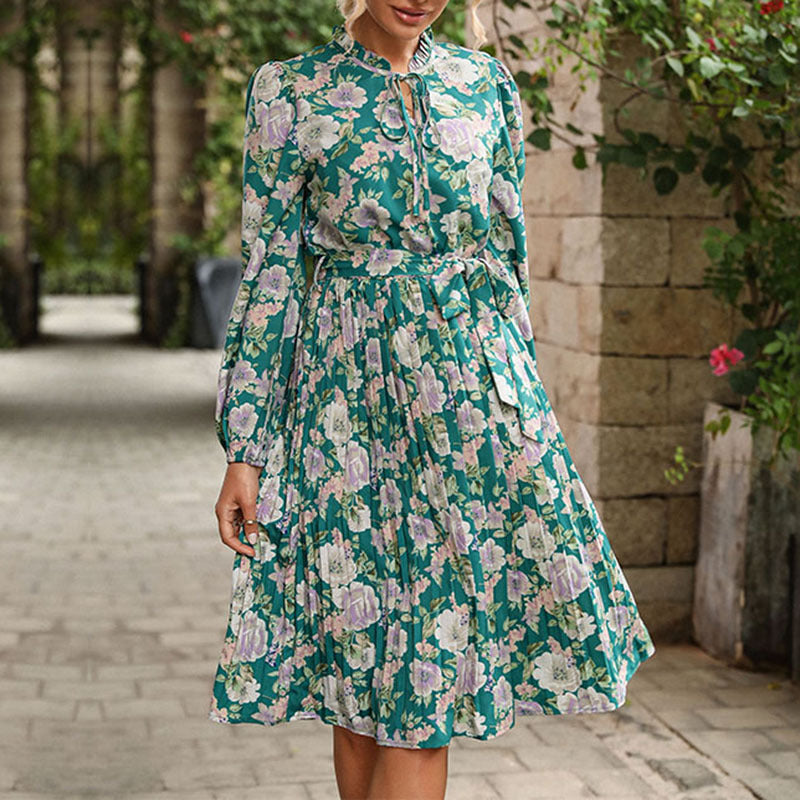 Damen Blumenkleid Midi mit Taillenband und Kragen - Norvielle