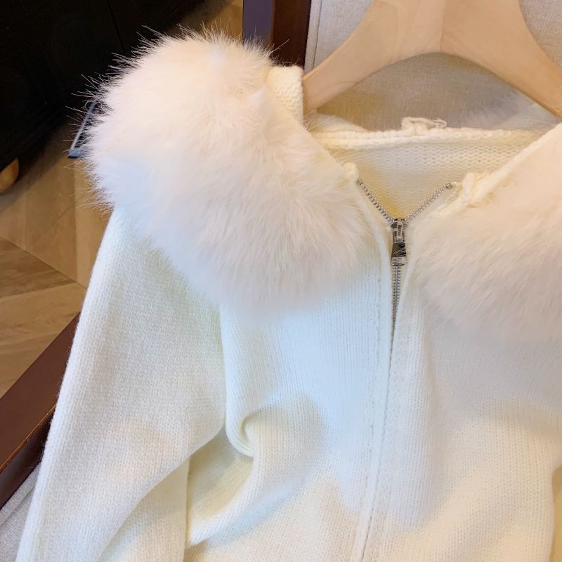 Damen Strickjacke Abnehmbarer Kunstfellkragen Beige